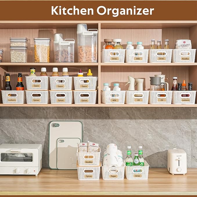 8 Pack Plastic Storage Bins with Bamboo Lids - Stackable Storage Baskets with Handle for Pantry Organizer and Storage, Plastic Containers Bins Lidded Storage Bins for Classroom Office Shelves