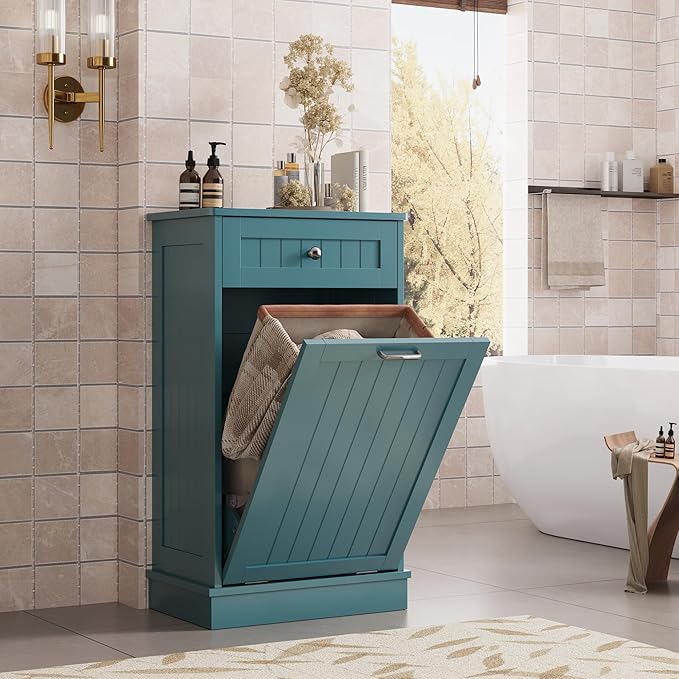 KIGOTY Tilt Out Trash Cabinet,Wooden Kitchen Trash Bin Holder Garbage Bin Recycling Cabinet Laundry Hamper with Solid Wood Countertop and Hideaway Drawer (Teal Blue)