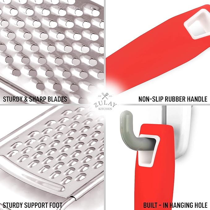Zulay Kitchen Professional Cheese Grater Stainless Steel - Durable Rust-Proof Metal Lemon Zester Grater With Handle - Flat Handheld Grater For Cheese, Chocolate, Spices, And More - Red