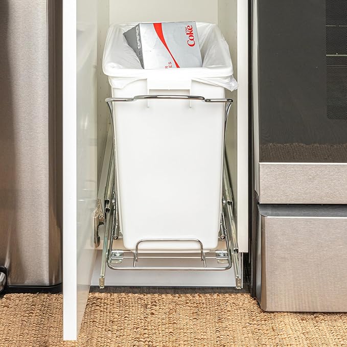 Household Essentials Glidez Chrome-Plated Steel Pull-Out/Slide-Out Discreet Single 5 Gallon Plastic Trash Can for Under Cabinet Use - Fits Standard Size Cabinet, Chrome and White