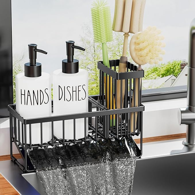 MASADI Kitchen Dish Soap Dispenser Set with Sponge Holder, 12OZ Glass Bottle, Hand and Dish Soap Dispenser Set, Non-Slip Silicone Pad, Brush Holder, Kitchen Sink Organizer Countertop (Black+White)