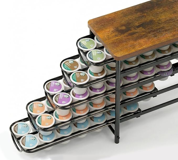 HFHOME Coffee Pod Holder with Wooden Top, Compatible with K-Cups, 5-Tier Coffee Capsule Storage Drawer, 70 Capacity Pods Organizer with 3 Mug Holders, for Home, Office, Kitchen Counter, Black