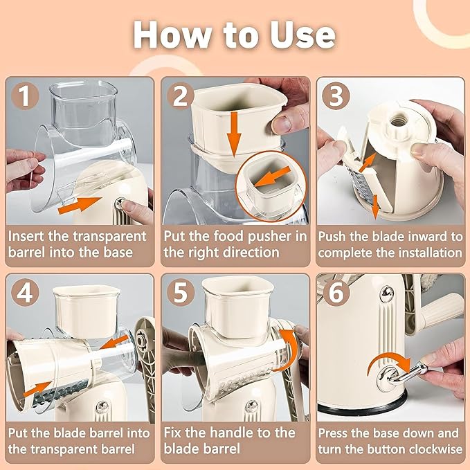 Rotary Cheese Grater with Handle Vegetable Shredder with 5 Interchangeable Blades, Kitchen Food Slicer and Chopper with Strong Suction Base for Fruit Vegetables Nuts with Blade Storage Box (White)