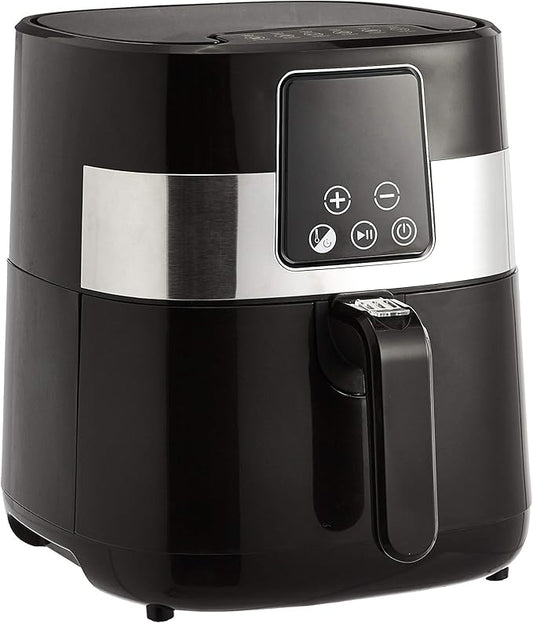 Amazon Basics 3.2 Quart 6-In-1 Digital Air Fryer with Non-Stick Basket, Timer, Auto Shut-Off, Touch Screen, 1400W, 180-400°F Temperature Range, Black/Silver
