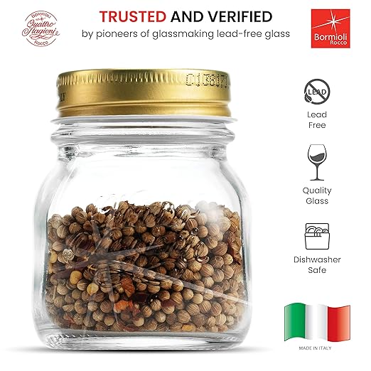 Bormioli Rocco Quattro Stagioni Small Glass Mason Jars 5 Ounce Mini Jars (6-Pack) with Metal Airtight Lid, For Jam, Jelly, baby food, Crafts, Spices, Dry Food Storage, Wedding favors, Decorating Jar