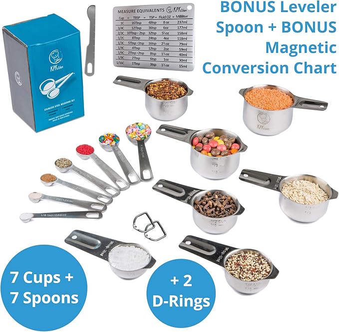 Stainless Steel Measuring Cups and Spoons Set of 16-7 Cup & 7 Spoon + Conversion Chart & Leveler - Kitchen Measuring Spoons and Cups - Dry Measure Cups Stainless Steel & Baking Metal Measuring Cups