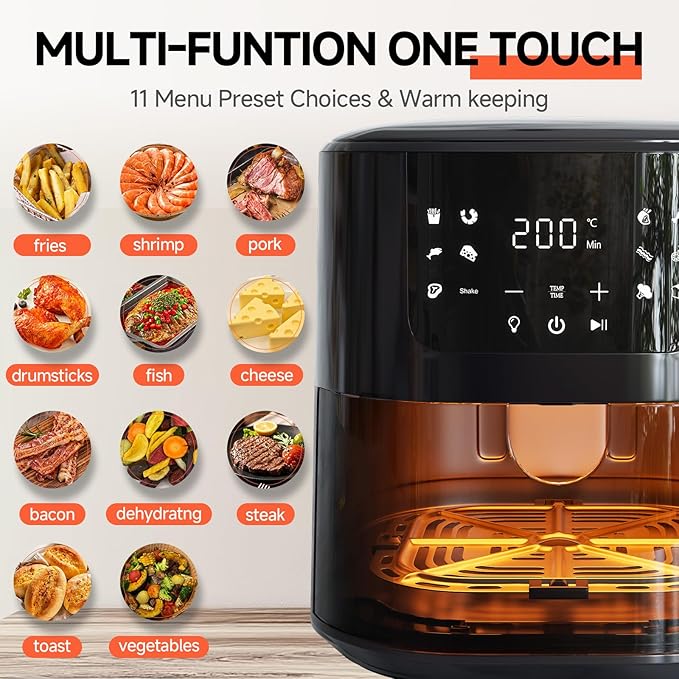 QIDO Air Fryer 8-in-1 with 5.5 QT Capacity,180°-450°F Precision Heating, AirFry, Roast, Broil, Reheats,Dehydrates, Easy-View Window, Features Shake Reminder, Large Touch Display with Auto Menus, Black