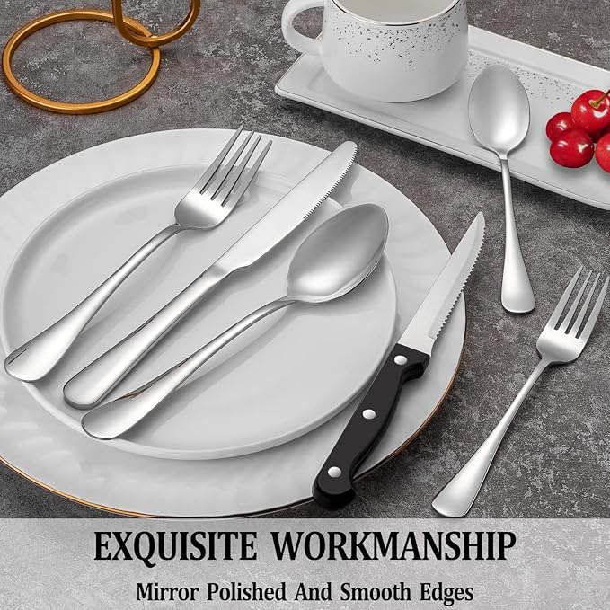 72 Pcs Silverware Set with Steak Knives Service for 12,Stainless Steel Flatware Set,Mirror Polished Cutlery Utensil Set,Home Kitchen Eating Tableware Set,Include Fork Knife Spoon Set,Dishwasher Safe