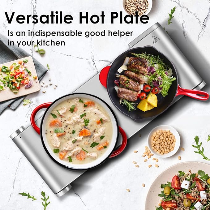 CUSIMAX Hot Plate, Electric Double Burner, 1800W Cast Iron Countertop Cooktop, Portable for Cooking, Compatible for All Cookwares, Easy Clean, Upgraded Version