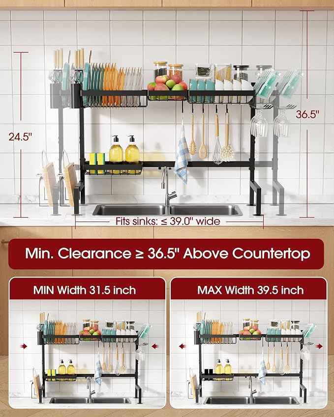 Over The Sink Dish Drying Rack - Adjustable 2 Tier X-Large Capacity Stainless Steel Drainer with Cutlery & Utensil Holders, Kitchen Storage & Organization, 31.5"-39.5"L x 12"W x 24.5"H, Black