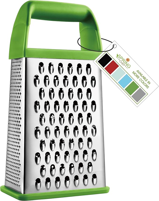 Spring Chef Professional Green 10" Stainless Steel Parmesan Cheese Grater with Handle, 4 Sided Handheld Box Grater, Kitchen Carrot Shredder for Potato, Cheese, Ginger, Vegetables