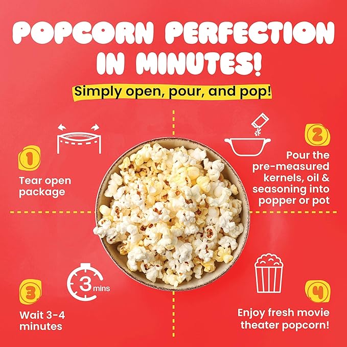 Handi-Pak Gourmet Popcorn Kit, 24 Pre-Portioned Packs for 8 oz Poppers, Popcorn Machine, Movie Theater Style, Butter Coconut Oil, Packet with Kernels & Seasoning