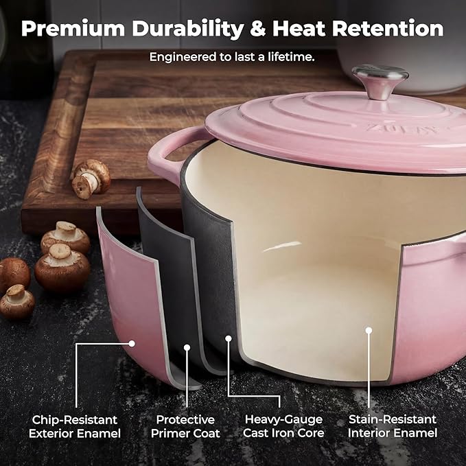 Zulay Kitchen 5 Quart Enameled Cast Iron Dutch Oven Pot with Lid – Premium Durability & Oven Safe up to 500°F – Heavy Duty Cookware Perfect for Bread Baking, Stews, Braising & Roasting – Pink