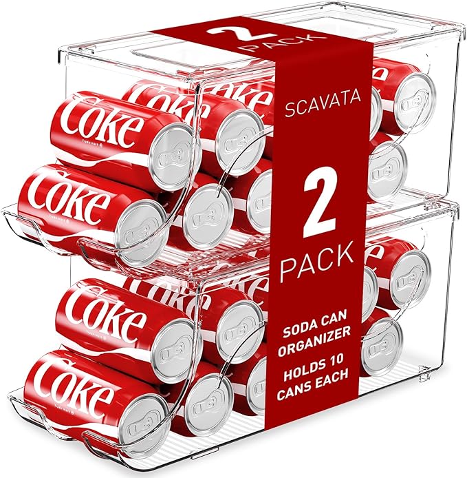SCAVATA 2 Pack Stackable Refrigerator Organizer, Soda Can Dispenser Pop Cans Container Beverage Holder with Lid for Fridge, Freezer, Kitchen, Clear Plastic Storage Bins-Holds 10 Cans Each
