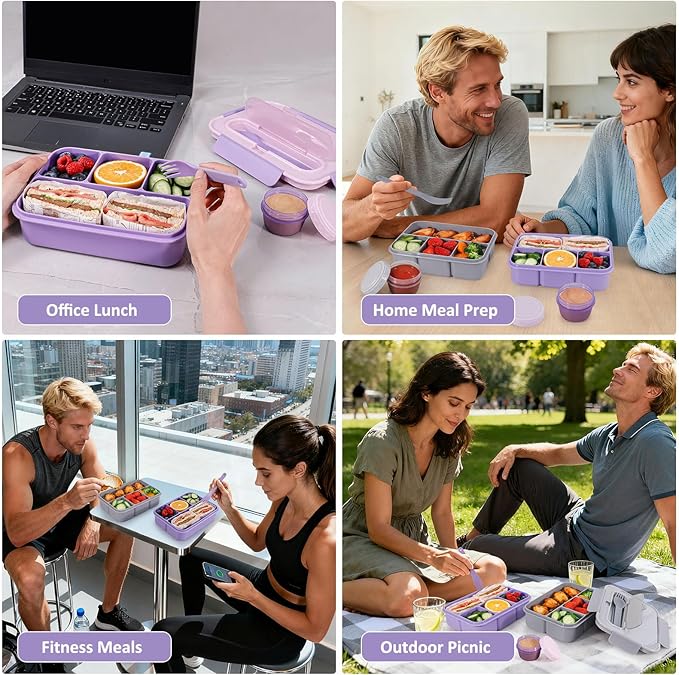 Caperci Bento Box Adult - 50 oz Large Lunch Containers for Adults and Teens, 4-Compartment Bento Lunch Box with Utensils & Leak Proof Sauce Cup, Dishwasher Safe, Durable, BPA-Free (Lavender)