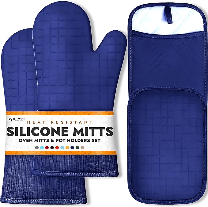 BPA-Free Soft Silicone 4 Piece Oven Mitts & Pot Holders Set - Ultra Heat Resistant Oven Mitts with Thick Cotton Liner - Long Slip Resistant Pot Holders, Flexible Oven Gloves - Navy