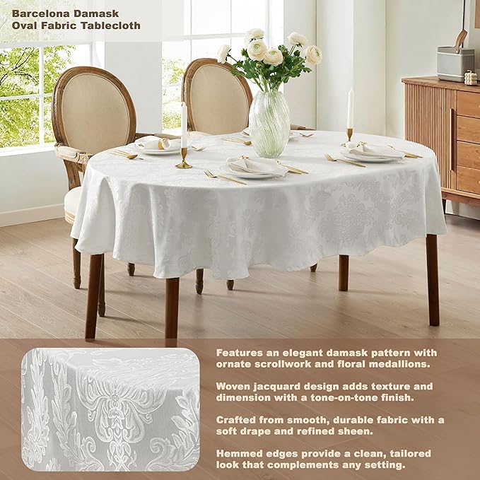 Newbridge Barcelona Luxury Damask Fabric Tablecloth, 60” Wide x 84” Oval, White, 100% Polyester, No Iron, Soil Resistant Dining Room, Party and Banquet Table Cover