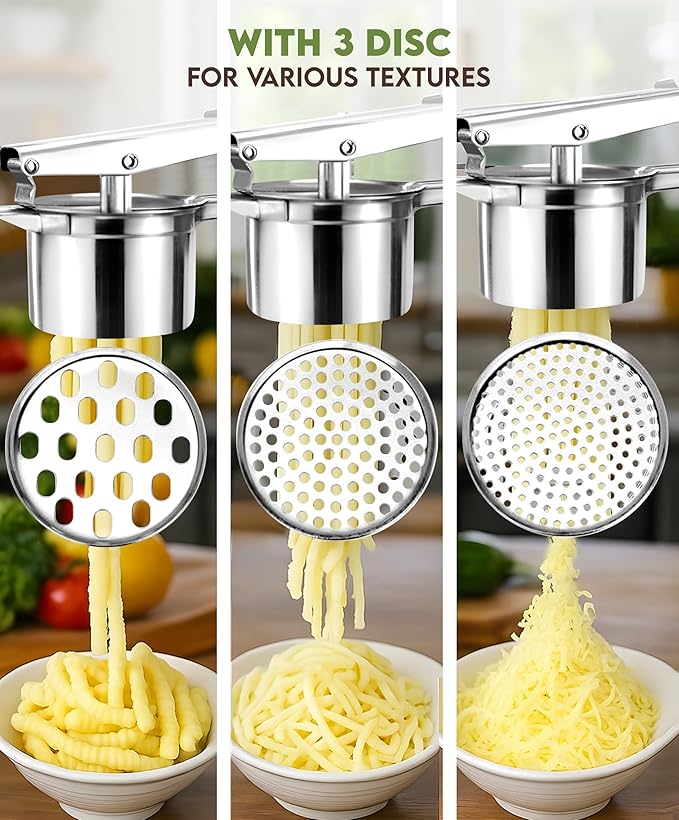 Large 15oz Potato Ricer with 3 Discs - Heavy Duty Stainless Steel Potato Masher and Ricer for Mashed Potatoes | Non Slip Baby Food Squeezer, Kitchen Gadget Tool for Food Press & Food Mill