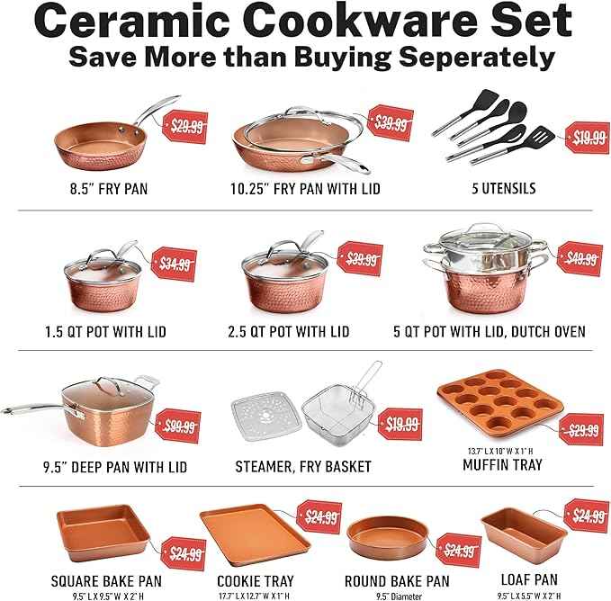 Gotham Steel Hammered 24 Pc Ceramic Cookware Set Nonstick, Induction Ceramic Pots and Pans Set Non Stick with Deep Square Pan Set & Bakeware Set, Non Toxic PFOA PFOS Free, Oven & Dishwasher Safe
