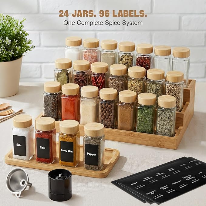 24 Pack Square Glass Spice Jars with Bamboo Lids, 4oz Spice Containers with Shaker Inserts and Labels, Airtight Seasoning Organizer for Spice Rack, Cabinet, Drawer - Grinder & Funnel Included