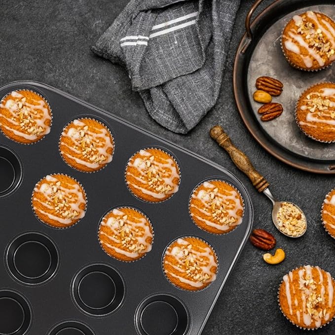 2 Pack Premium Bakeware 24-Cup, Mini Muffin Pan, Dishwasher Oven Safe (Black, Steel)