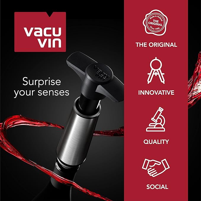 Vacu Vin Wine Saver Pump Red with Vacuum Wine Stopper - Keep Your Wine Fresh for up to 10 Days - 1 Pump 2 Stoppers - Reusable - Made in the Netherlands