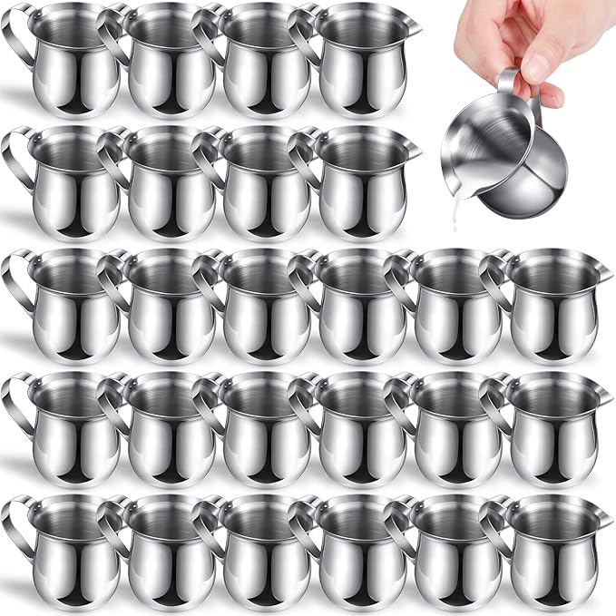Potchen 24 Pack Stainless Steel Bell Creamers 3 Ounce Creamer Pitcher Mini Coffee Milk Pitchers with Handle and Pouring Spout Cups for Serving Espresso, Tea, Milk, Maple Syrup, Sauce