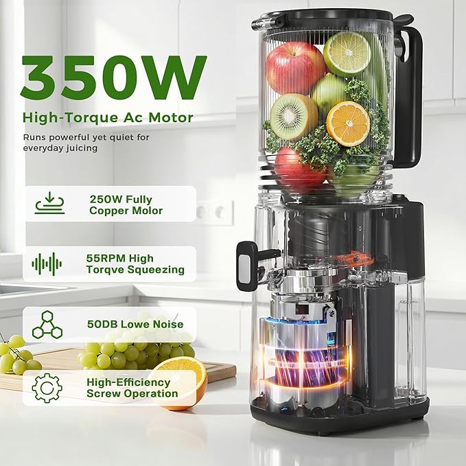 Cold Press Juicer, 5.5inch Wide Feed Chute Slow Juicer Machine, Masticating Juicer for Whole Vegetables & Fruits, Black