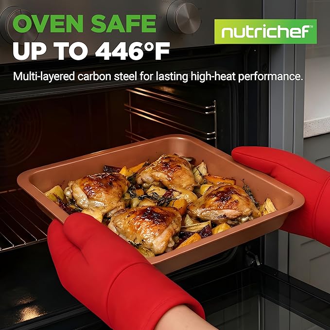 NutriChef 10-Piece Oven Baking Pans Set - Deluxe Carbon Steel Bakeware Set with Non-stick Gray Coating Inside and Out, Dishwasher Safe & PFOA, PFOS, PTFE Free