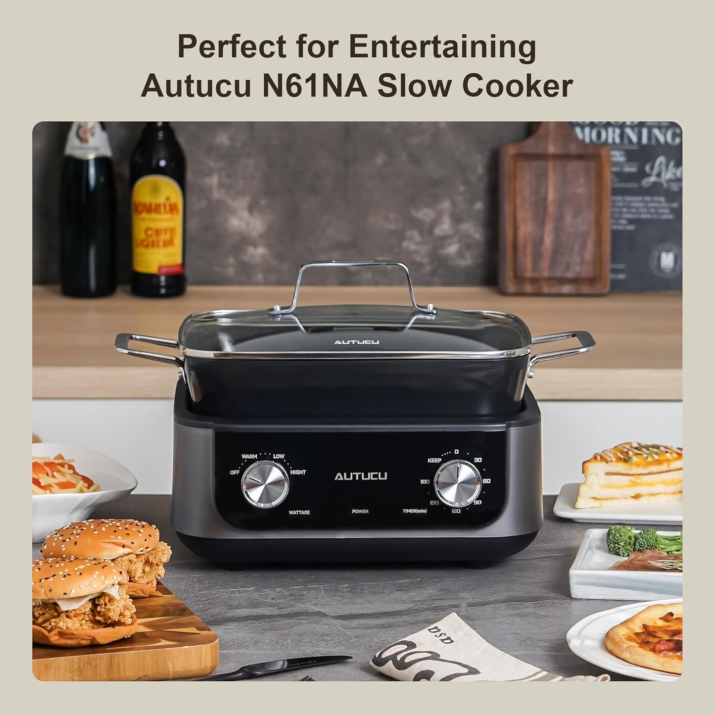 7-Quart Slow Cooker - PFOA-Free Nonstick Pot with 3 Heat Settings & Timer - Dishwasher & Oven Safe for Effortless Cooking, Perfect for Family Meals & Parties