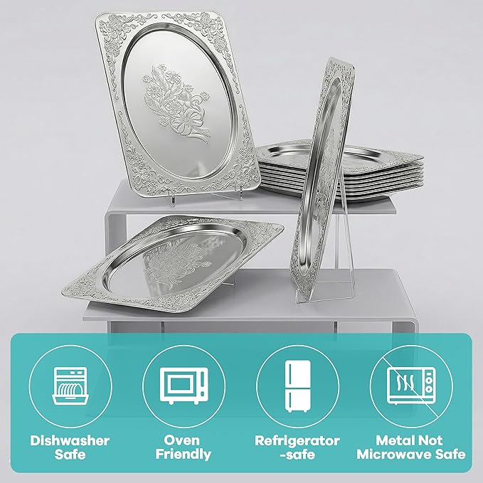 Silver Serving Trays, 6 Pcs Stainless Steel Serving Platters with Retro Engraved Design, 13.7 x 8.5 Inch for Serving Food, Appetizers, or as Decorative Accent at Home