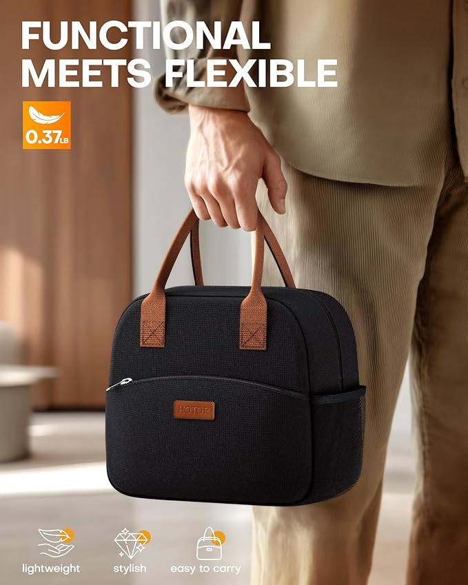 HOTOR Lunch Bag for Women & Men - Wear-Resistant Insulated Lunch Box with Large Capacity, Multi-Functional Cooler Bag for Office, Picnic, Black, 12L, 12.20" x 6.30" x 10.20"
