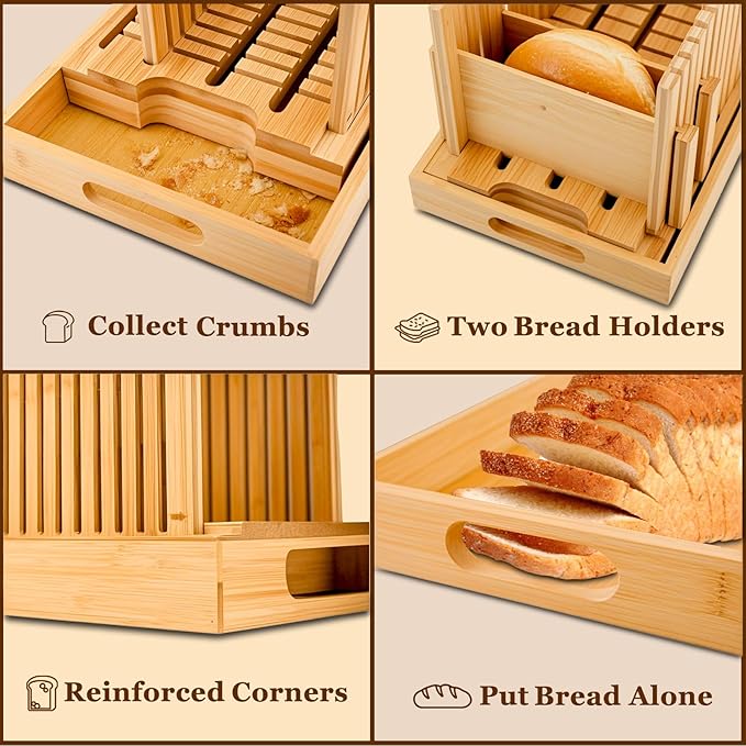 Bread Slicer for Homemade Bread, Bamboo Bread Slicing Guide Adjustable Width, Foldable and Compact Cutting Guide with Crumb Tray for Cakes, Bagels, Loaves, Kitchen Gadgets & Gifts (Knife Not Included)