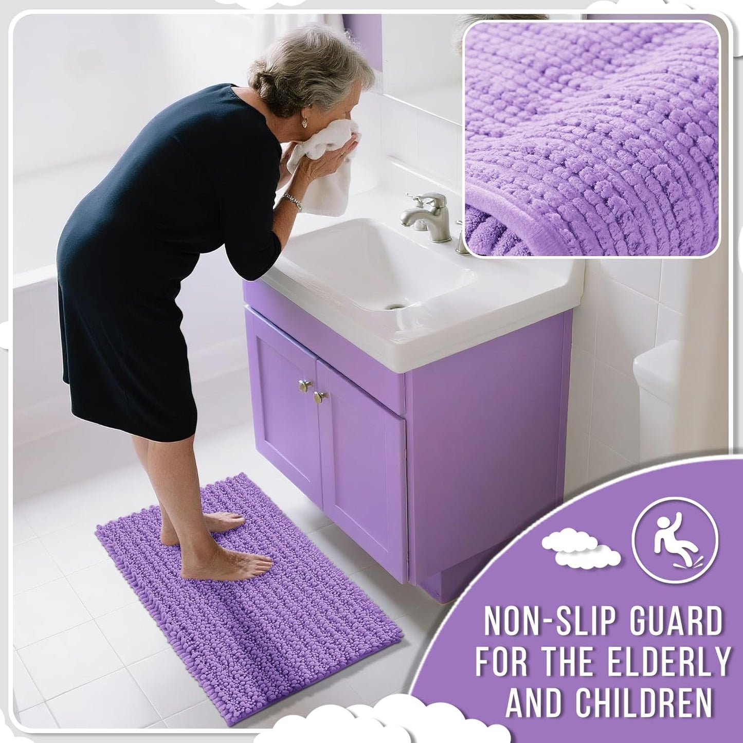 Yimobra Large Bathroom Rugs Non Slip Washable 36x24 Inch - Ultra Soft Absorbent Chenille Bath Mat, Quick Dry Shaggy Floor Carpet for Tub Shower, Lavender Home Decor Accessories