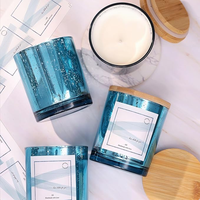 LAMORGIFT 12 Pack Glass Candle Jars with Lids (Lake Blue) - 10 OZ Candle Making Jars - Candle Containers for Making Candles - Mercury Glass Candle Jars Include 12 Pcs Candle Labels.