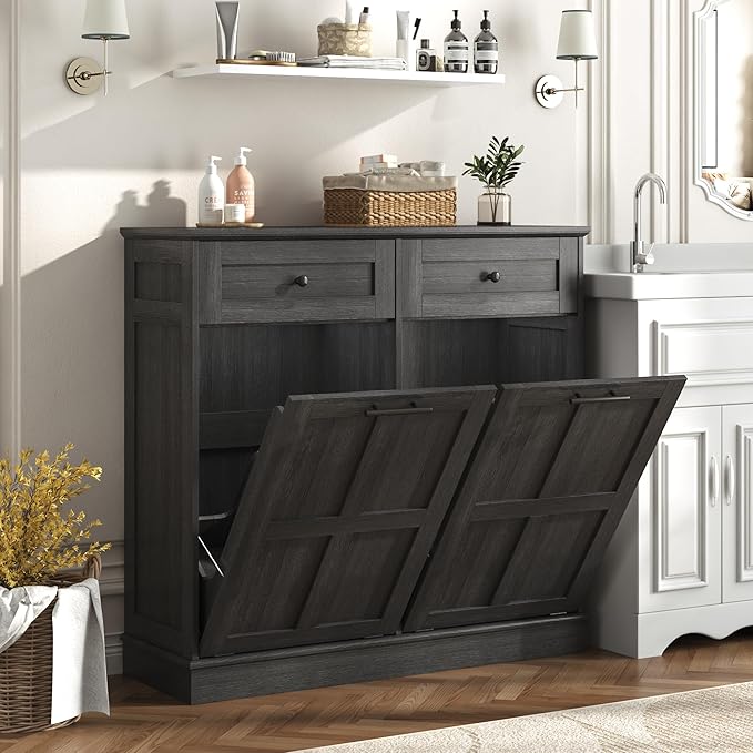 chartustriable Double Trash Can Cabinet, 26 Gallons Farmhouse Hidden Wood Garbage Can Bin Cabinet with Drawers, Tilt Out Laundry Hamper with Laundry Storage Basket for Bathroom, Kitchen, Dark Grey