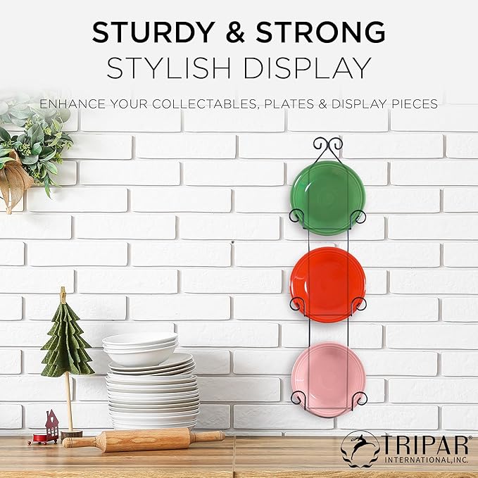 TRIPAR Vertical Wall Plate Rack, Black Display (3 Tiers) - Lightweight & Durable - Contains 3 Non-Adjustable Brackets - Elegantly Display Plates, Tiles, Artwork, & More