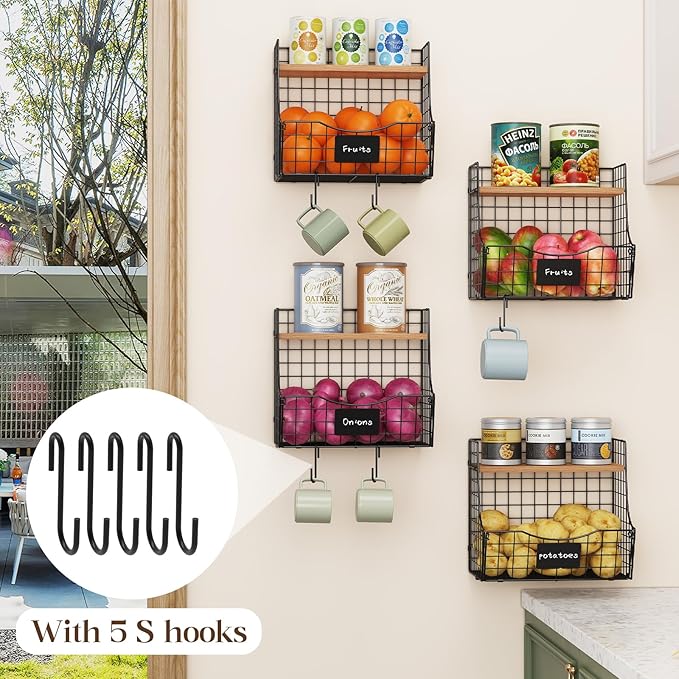 4 Pack Fruit Basket for Kitchen with Lid, Counter&Wall Mounted Hanging Fruit Basket, Potato and Onion Storage, Metal Wire Fruit and Vegetable Storage, Snack Organizer 11.81 * 8.66 * 10.63in