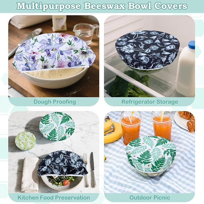 5-Size Reusable Beeswax Bowl Covers for Bread Proofing, Cotton Cloth Flexible Beeswax Wraps for Food Storage(Iris Floral)