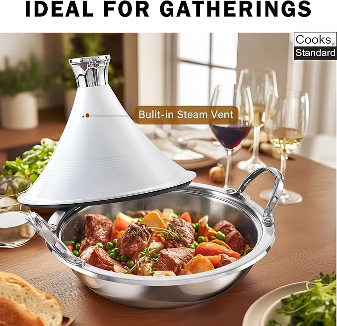 Cooks Standard Moroccan Tagine Pot 3.6 Qt, 11 Inch Multi-Ply Clad Stainless Steel Pan with Dual Handles, Clay Pot Alternative for Slow Cooking, with Conical Die-Cast Aluminum & Glass Lid, White