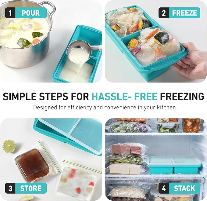 Silicone Freezer Tray with Lid Soup Freezer Container Molds with Steel Reinforced Rim Large Ice Cube Tray Makes 4 Perfect 2 Cup Portions Cubes Storage for Soup, Sauce, Leftovers Food Kitchen Things