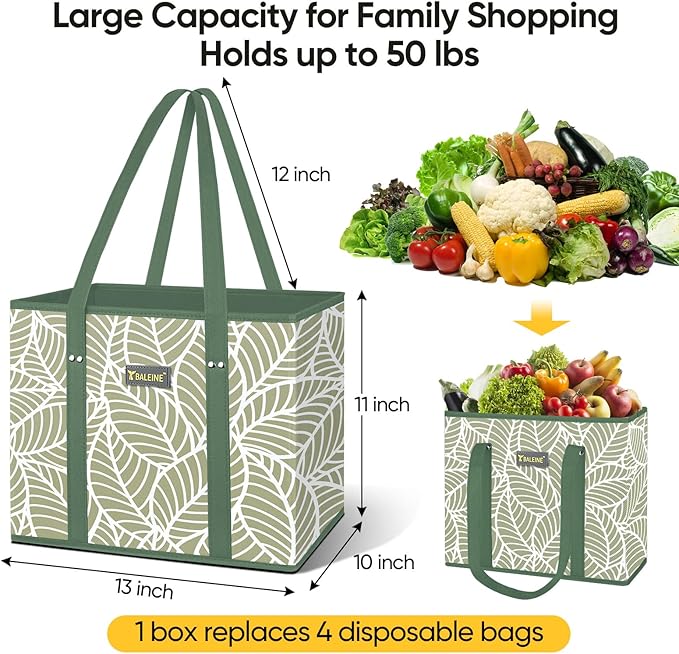 BALEINE 1Pk Reusable Grocery Bags, Foldable Shopping Bags for Groceries with Reinforced Bottom & Handles (Antique Foliage)