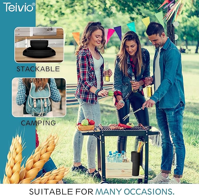 Teivio 32-piece Plastic Wheat Straw Square Dinnerware Set for 8, Unbreakable Dinner Plates, Salad Plates, Snack Bowls, Tumblers, Dishwasher Safe, Black