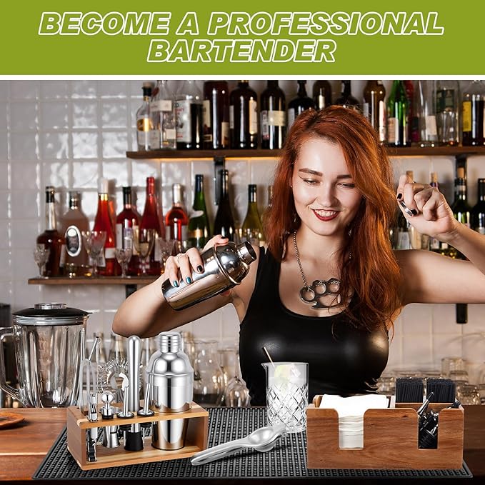 Mifoci 28 Pcs Bartender Kit, Mixologist Bartender Kit Garnish Tray with Lid Bar Caddy and 3 Tier Glass Rimmer, 17 Pcs Margarita Cocktail Shaker Set with Wooden Base for Home Bar Gift Set (Acacia)