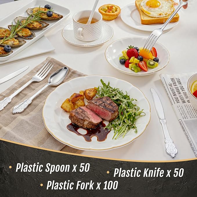 WDF 200 Pieces Silver Plastic Silverware Disposable - 50Guests Silverware Plastic Cutlery - Disposable Utensils Includes 100 Forks, 50 Spoons, 50 Knives Perfect for Christmas Wedding or Party