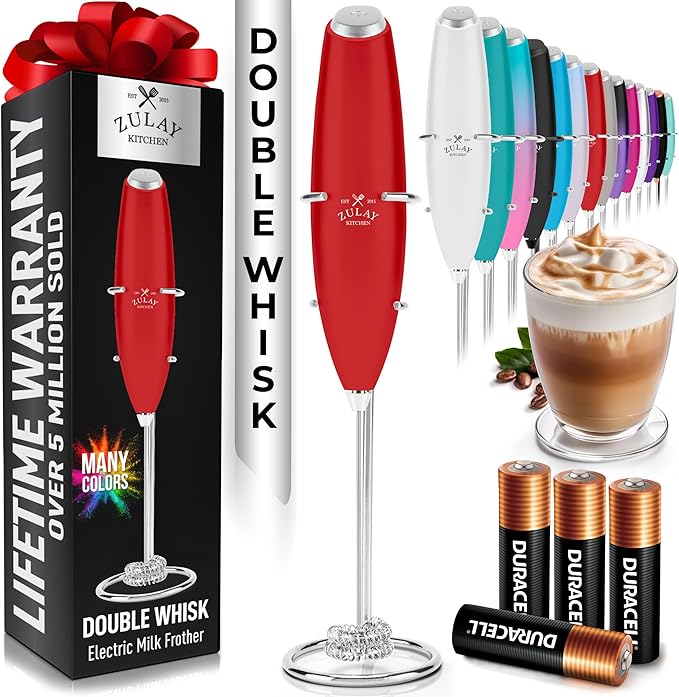 Zulay Kitchen Whisk Milk Frother with 4 Duracell Batteries - Powerful Handheld Foam Maker for Coffee, Lattes, Matcha, Hot Chocolate & Cappuccinos - Whip Creamy Froth in Seconds