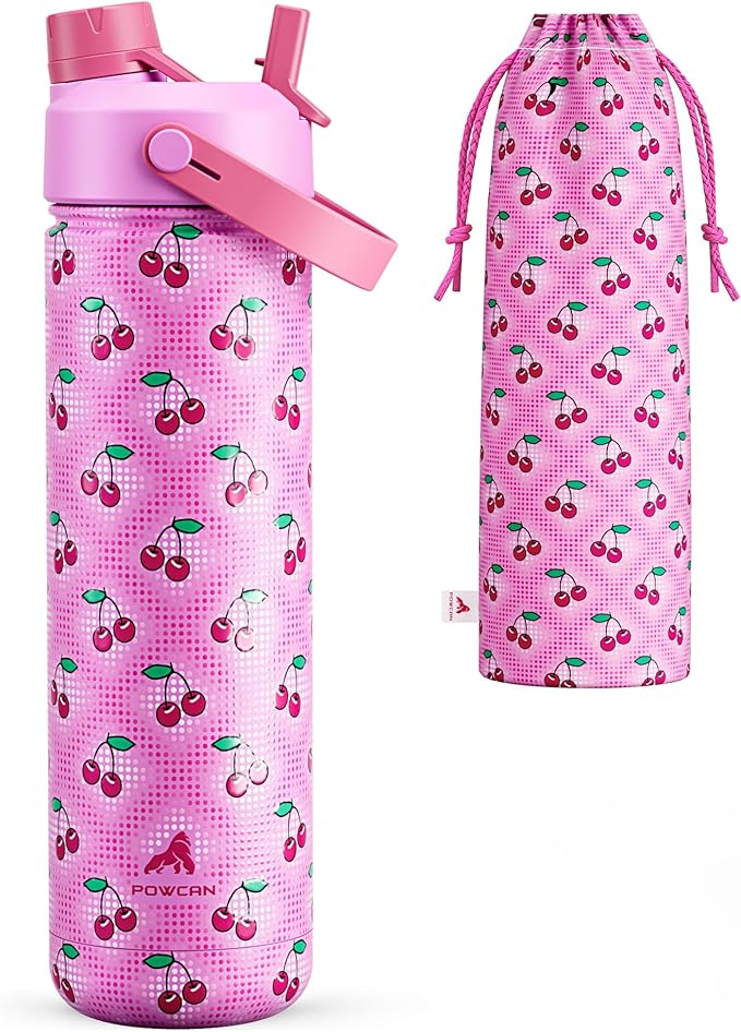 POWCAN 26 oz Insulated Water Bottle with 2-in-1 Straw and Spout Lid, Keep Cold 24H, Leak-Proof, Fits in Car Cup Holder, Stainless Steel Water Bottle for Sports, Travel, Gift and School (Cherry Pop)