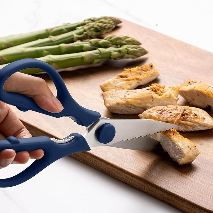 Rae Dunn Kitchen Scissors- Stainless Steel Kitchen Shears, Cooking Scissors for Cutting Meat, Chicken, Herbs and Produce with Blade Cover and Soft Grip Handles (Blue)