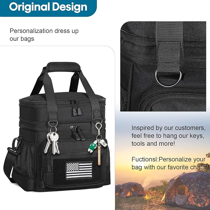 GLENKEY Tactical Lunch Box Cooler Bag - Expandable Insulated Lunch Bag for Men Women - Large Lunchbox for Adults Work Shifts Outdoor Trips Black with Flag 16L