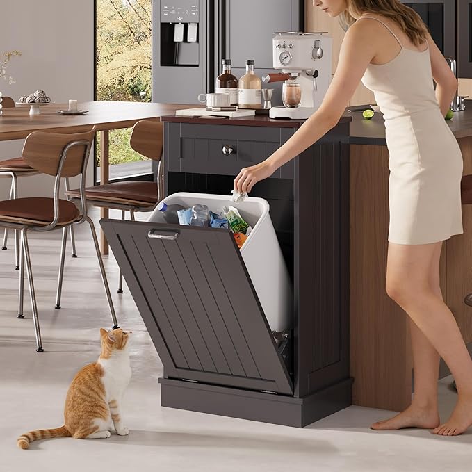 KIGOTY Tilt Out Trash Cabinet,Wooden Kitchen Trash Bin Holder Garbage Bin Recycling Cabinet Laundry Hamper with Solid Wood Countertop and Hideaway Drawer (Black)